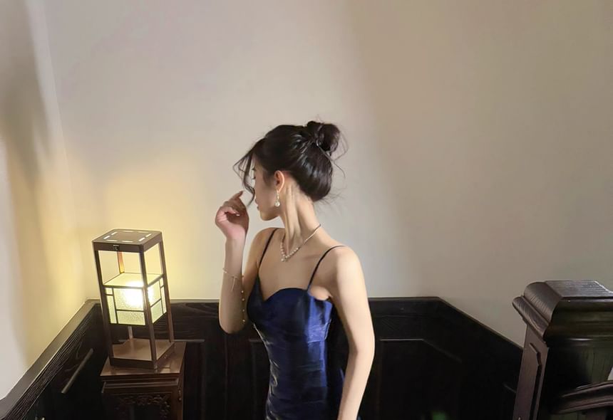 Spaghetti Strap Plain Ruffle Panel Trumpet Evening Dress