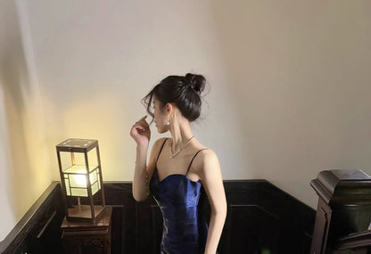 Spaghetti Strap Plain Ruffle Panel Trumpet Evening Dress