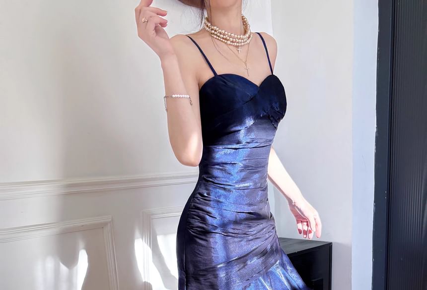 Spaghetti Strap Plain Ruffle Panel Trumpet Evening Dress