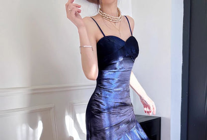 Spaghetti Strap Plain Ruffle Panel Trumpet Evening Dress