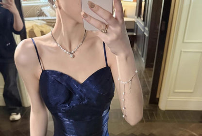 Spaghetti Strap Plain Ruffle Panel Trumpet Evening Dress