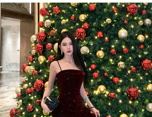 Spaghetti Strap Plain Glitter Tiered Velvet A-Line Evening Dress