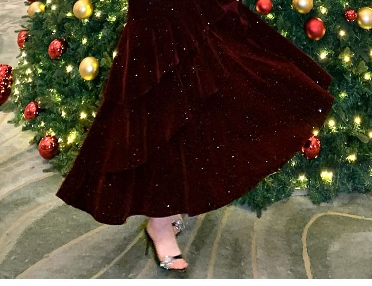 Spaghetti Strap Plain Glitter Tiered Velvet A-Line Evening Dress