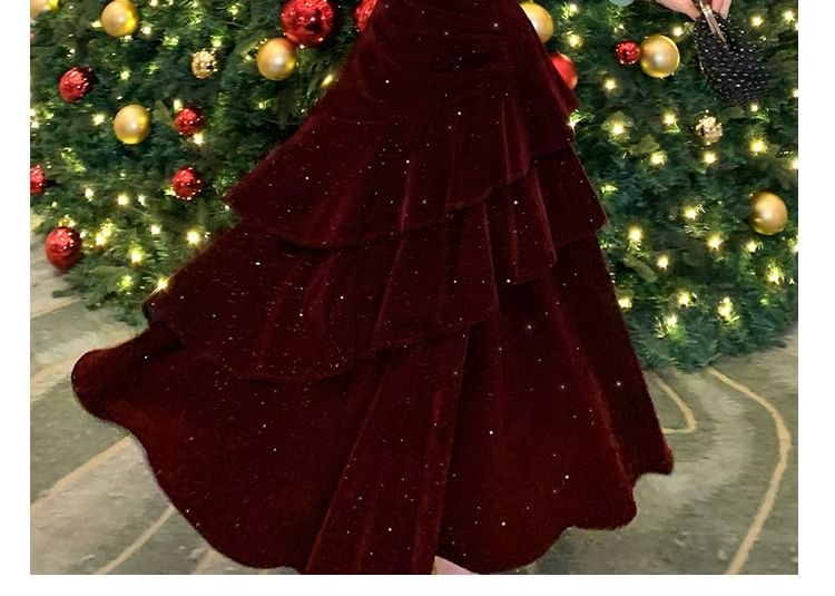 Spaghetti Strap Plain Glitter Tiered Velvet A-Line Evening Dress