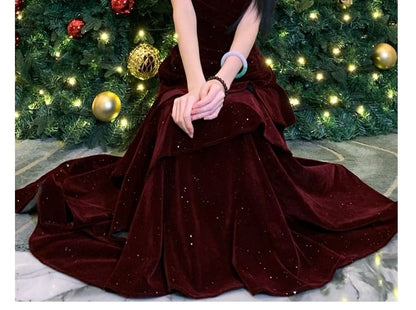 Spaghetti Strap Plain Glitter Tiered Velvet A-Line Evening Dress