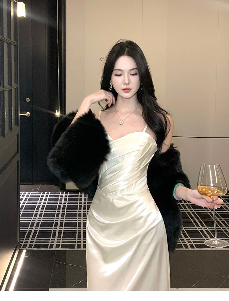 Spaghetti Strap Plain Ruched Satin Sheath Evening Dress