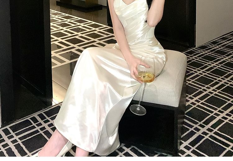 Spaghetti Strap Plain Ruched Satin Sheath Evening Dress