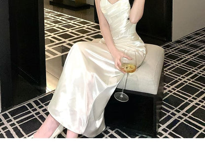 Spaghetti Strap Plain Ruched Satin Sheath Evening Dress