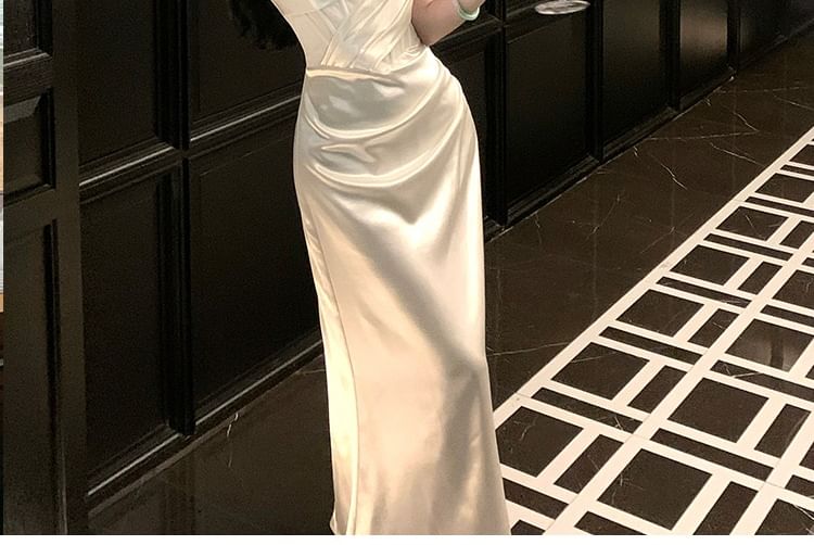 Spaghetti Strap Plain Ruched Satin Sheath Evening Dress