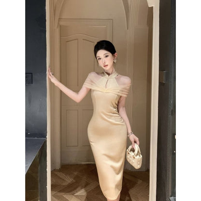 Halter Neck Stand Collar Glitter Mesh Panel Slit Midi Sheath Qipao