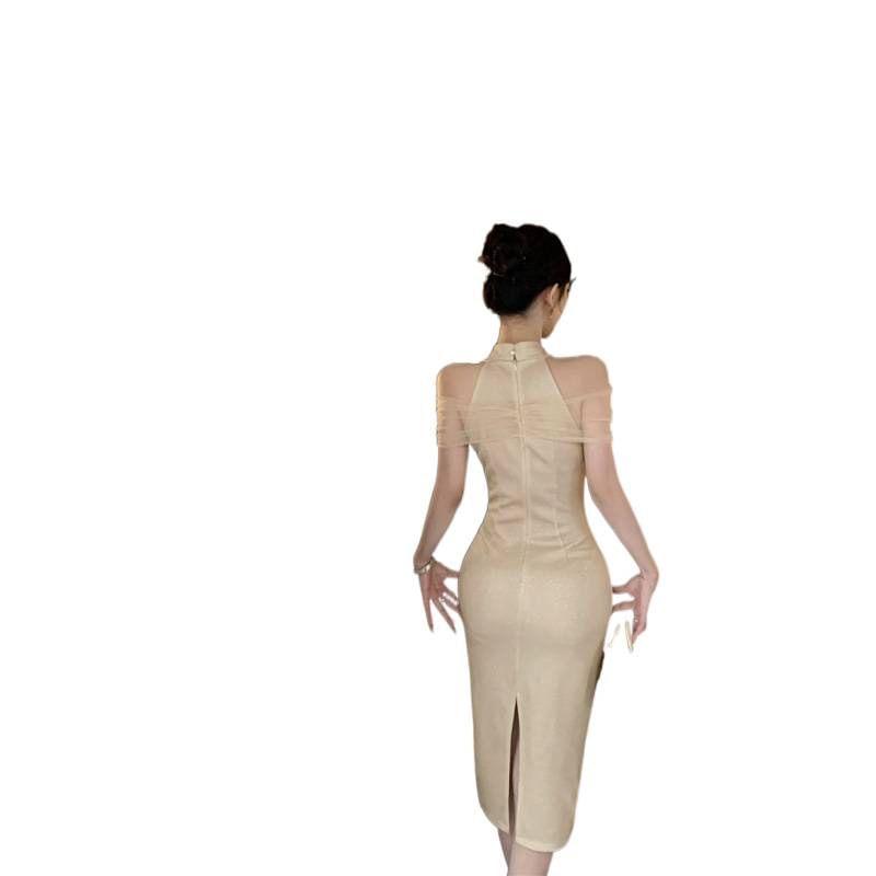 Halter Neck Stand Collar Glitter Mesh Panel Slit Midi Sheath Qipao