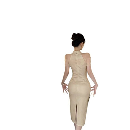 Halter Neck Stand Collar Glitter Mesh Panel Slit Midi Sheath Qipao