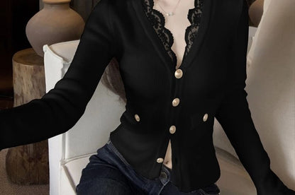 V-Neck Lace Trim Plain Crop Cardigan