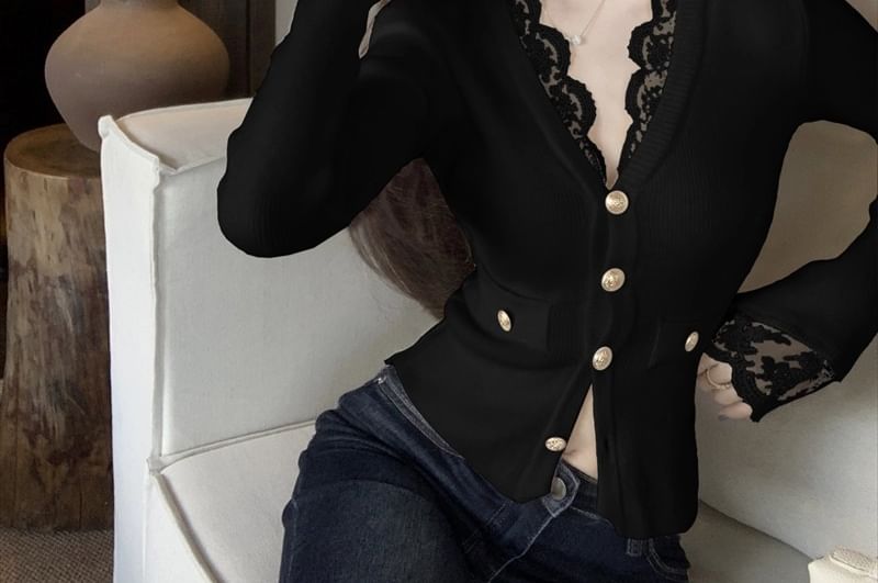 V-Neck Lace Trim Plain Crop Cardigan