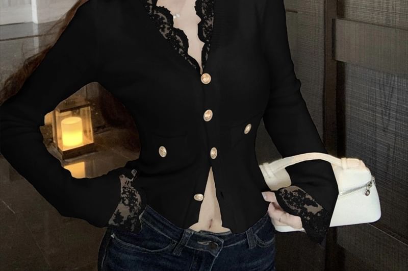 V-Neck Lace Trim Plain Crop Cardigan