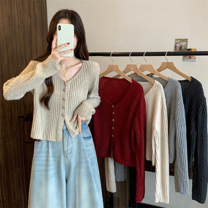 V-Neck Plain Crop Cardigan