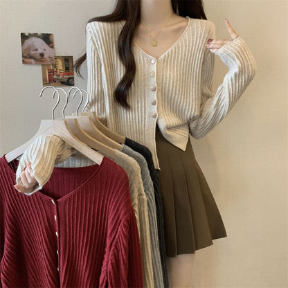 V-Neck Plain Crop Cardigan