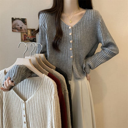V-Neck Plain Crop Cardigan
