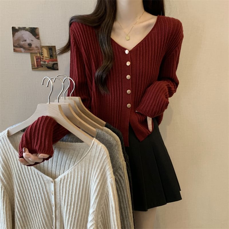 V-Neck Plain Crop Cardigan