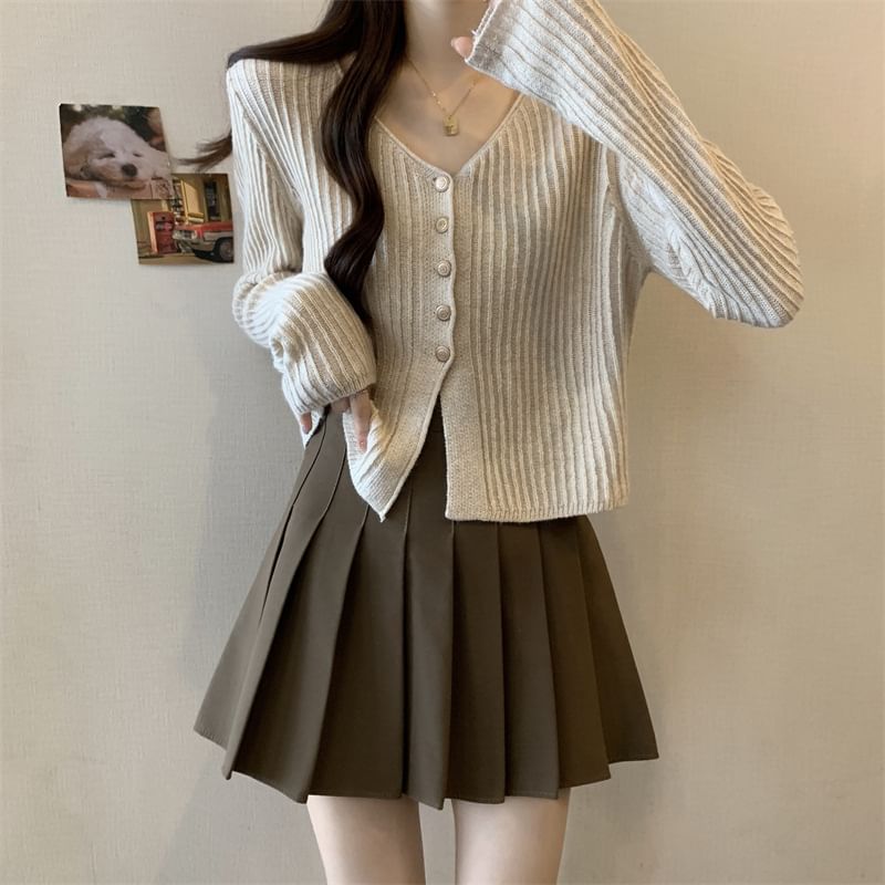 V-Neck Plain Crop Cardigan