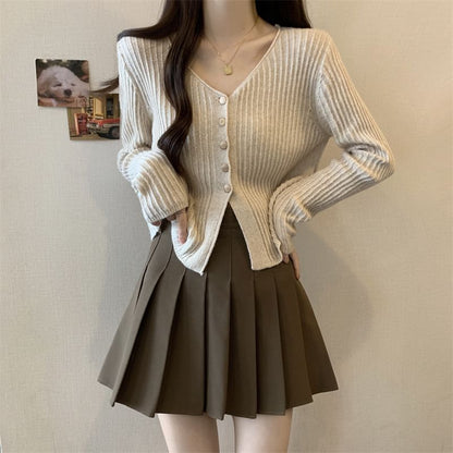 V-Neck Plain Crop Cardigan