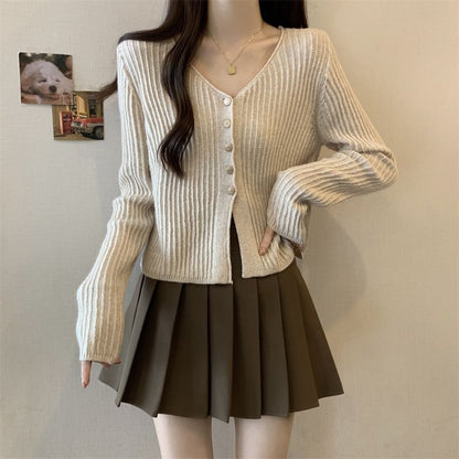 V-Neck Plain Crop Cardigan