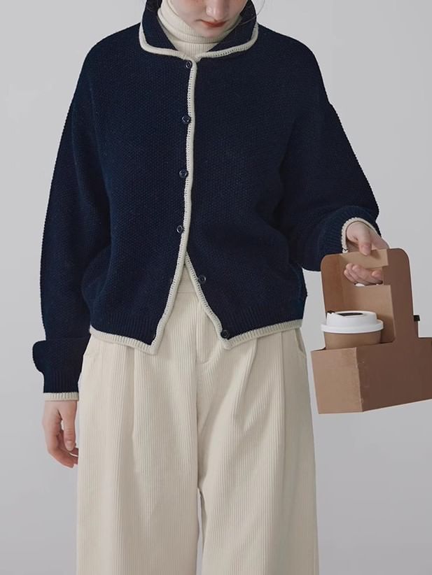 Peter Pan Collar Contrast Trim Button-Up Cardigan