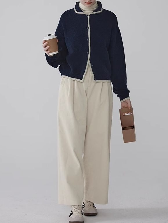 Peter Pan Collar Contrast Trim Button-Up Cardigan