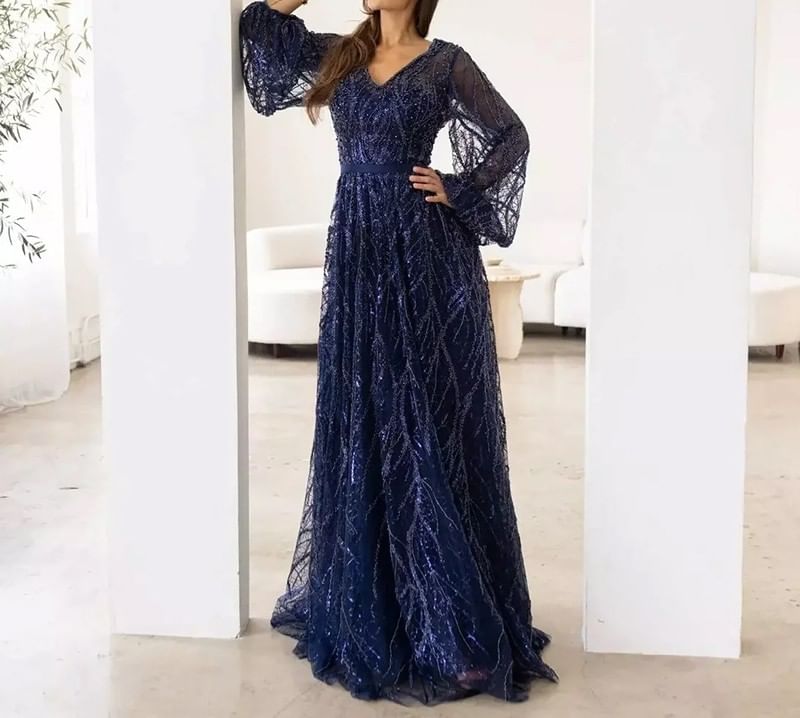 Plus Size Puff-Sleeve V-Neck Rhinestone Patterned A-Line Evening Gown