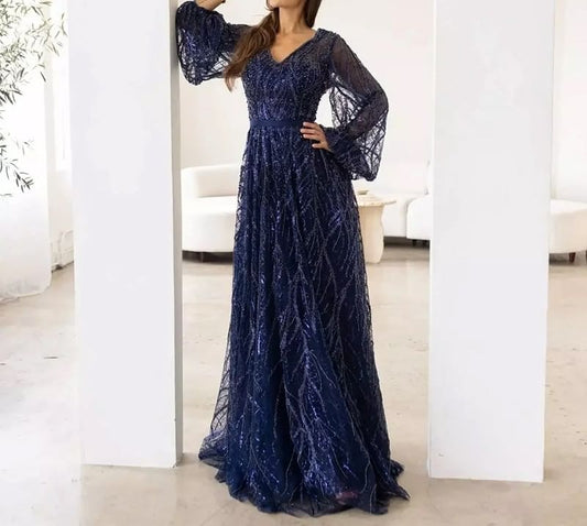 Plus Size Puff-Sleeve V-Neck Rhinestone Patterned A-Line Evening Gown