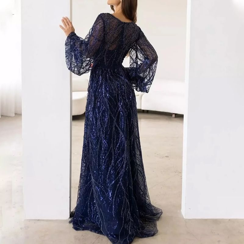 Plus Size Puff-Sleeve V-Neck Rhinestone Patterned A-Line Evening Gown