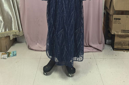 Plus Size Puff-Sleeve V-Neck Rhinestone Patterned A-Line Evening Gown