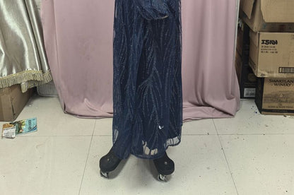Plus Size Puff-Sleeve V-Neck Rhinestone Patterned A-Line Evening Gown