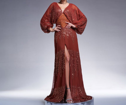 Plus Size Puff-Sleeve V-Neck Sequined Slit A-Line Evening Gown