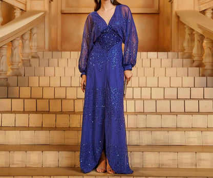 Plus Size Puff-Sleeve V-Neck Sequined Slit A-Line Evening Gown