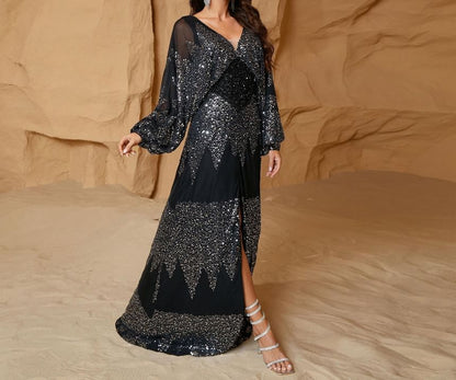 Plus Size Puff-Sleeve V-Neck Sequined Slit A-Line Evening Gown