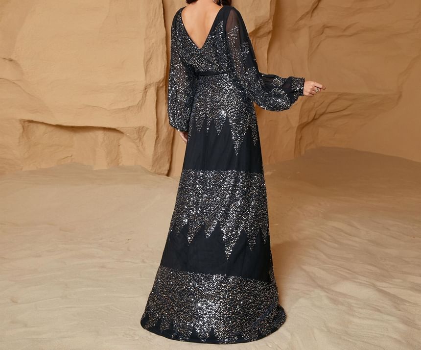 Plus Size Puff-Sleeve V-Neck Sequined Slit A-Line Evening Gown