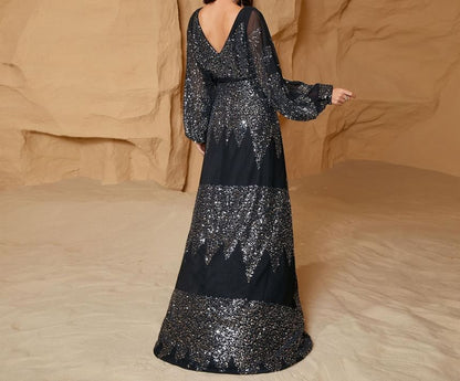 Plus Size Puff-Sleeve V-Neck Sequined Slit A-Line Evening Gown