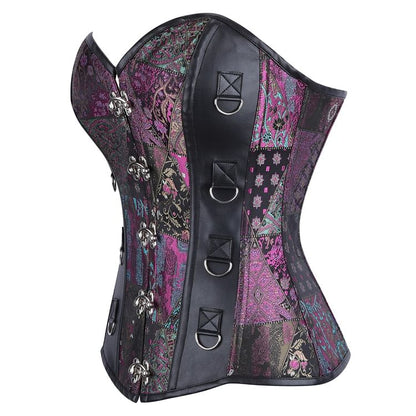 Faux Leather Corset Top with Brocade Panel and Buckle Detail