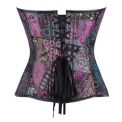Faux Leather Corset Top with Brocade Panel and Buckle Detail