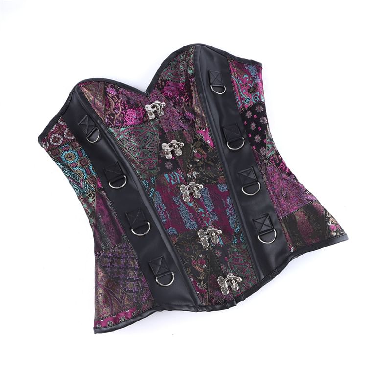 Faux Leather Corset Top with Brocade Panel and Buckle Detail