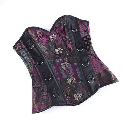 Faux Leather Corset Top with Brocade Panel and Buckle Detail