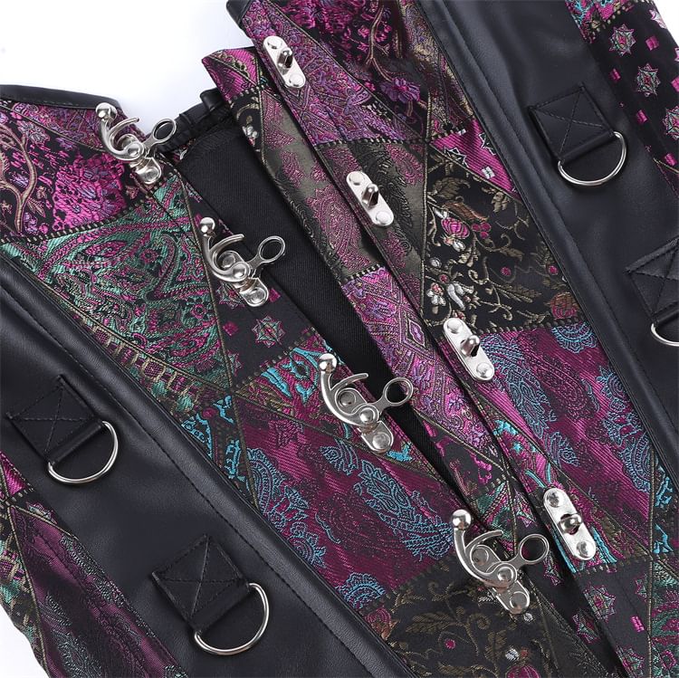 Faux Leather Corset Top with Brocade Panel and Buckle Detail