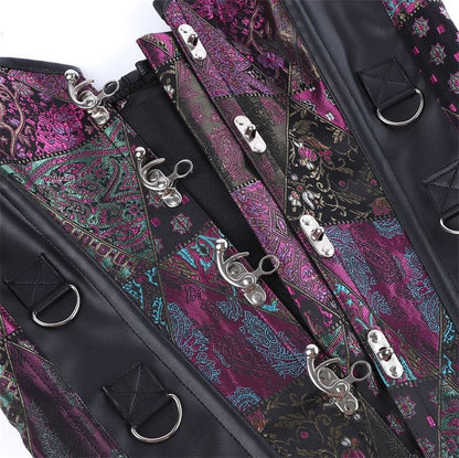 Faux Leather Corset Top with Brocade Panel and Buckle Detail