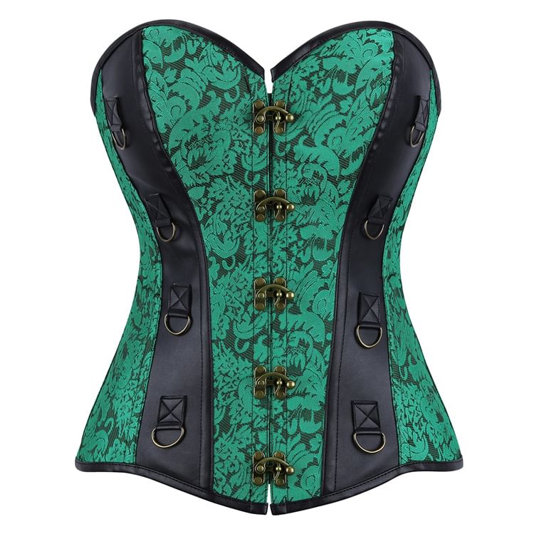 Faux Leather Corset Top with Brocade Panel and Buckle Detail