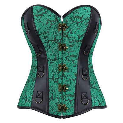 Faux Leather Corset Top with Brocade Panel and Buckle Detail