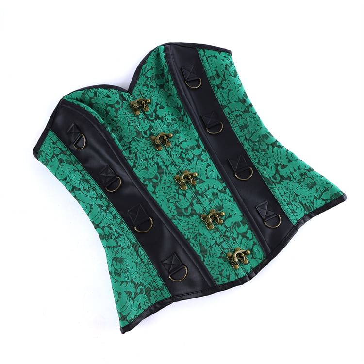 Faux Leather Corset Top with Brocade Panel and Buckle Detail