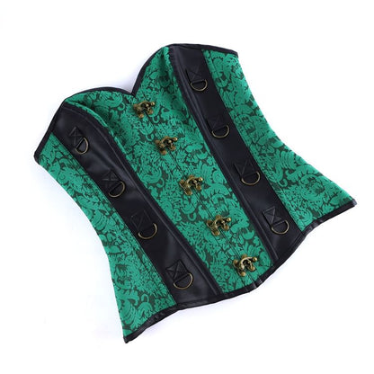 Faux Leather Corset Top with Brocade Panel and Buckle Detail