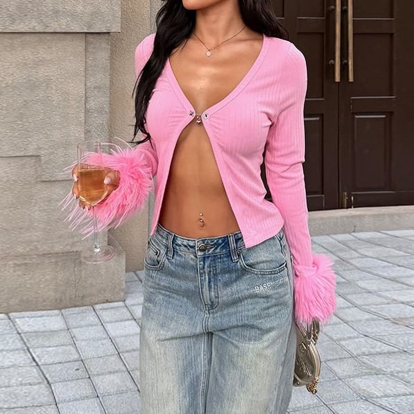 Open Front V-Neck Long Sleeve Solid Top