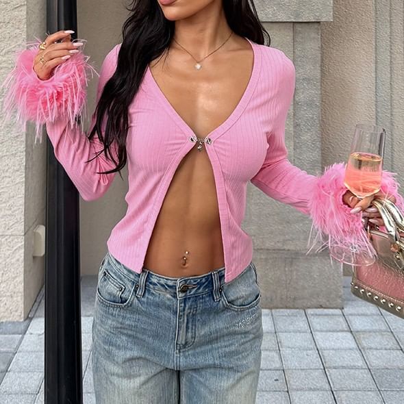 Open Front V-Neck Long Sleeve Solid Top